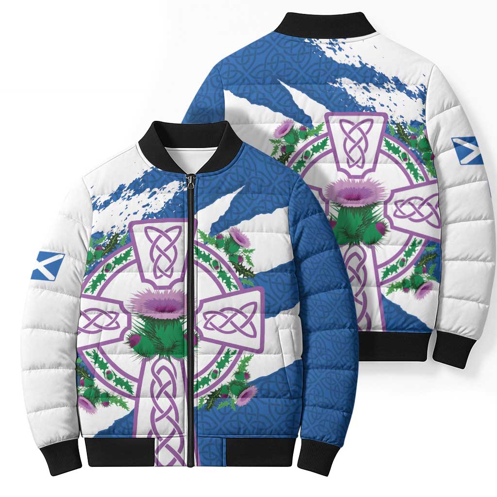 Scotland Celtic Cross Bomber Puffer Jacket Thistle Flowers - Wonder Print Shop