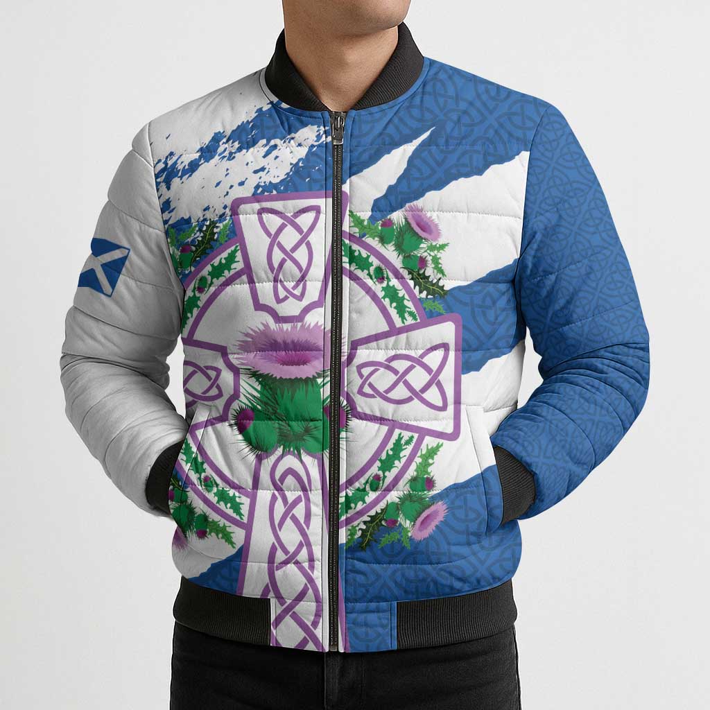 Scotland Celtic Cross Bomber Puffer Jacket Thistle Flowers - Wonder Print Shop