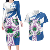 Scotland Celtic Cross Couples Matching Long Sleeve Bodycon Dress and Hawaiian Shirt Thistle Flowers - Wonder Print Shop