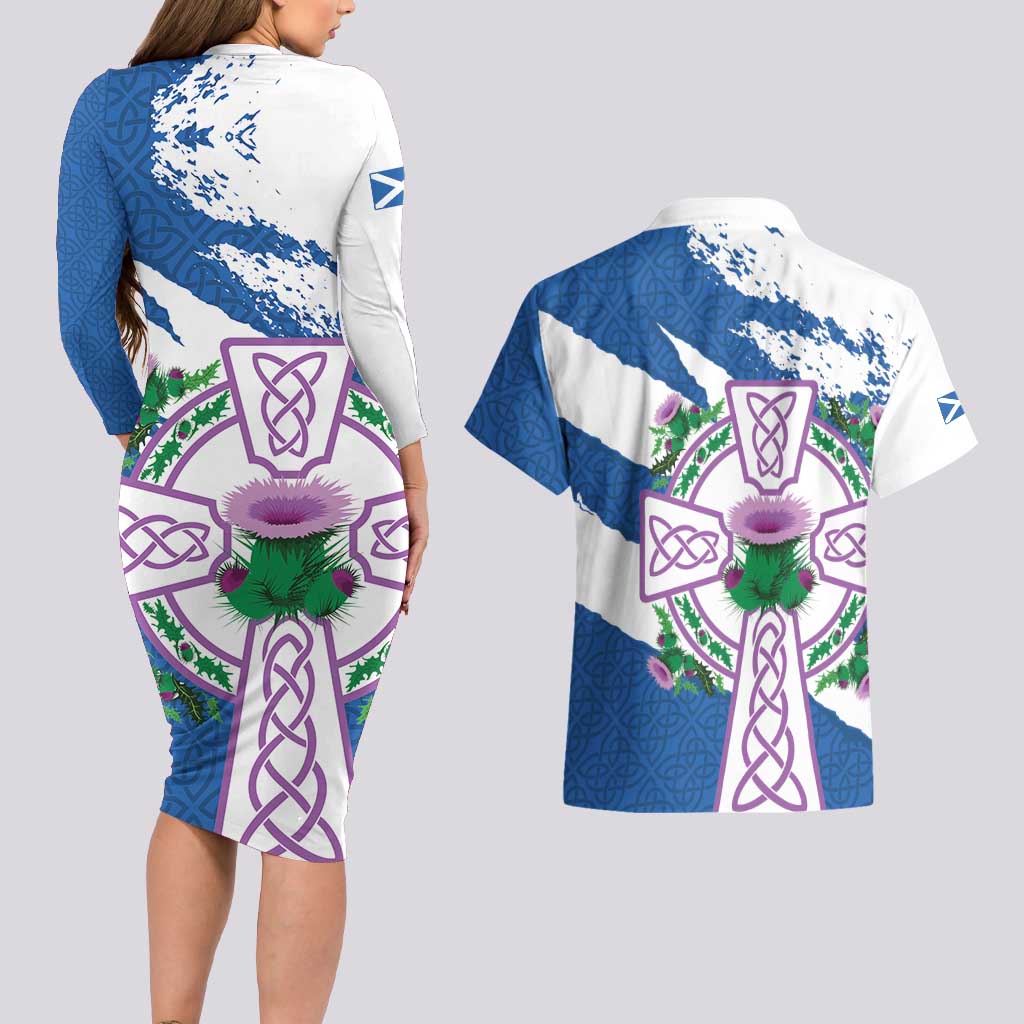 Scotland Celtic Cross Couples Matching Long Sleeve Bodycon Dress and Hawaiian Shirt Thistle Flowers - Wonder Print Shop