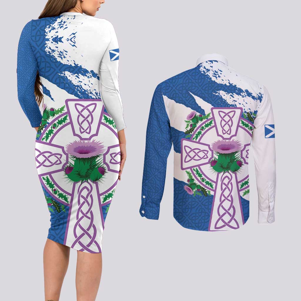 Scotland Celtic Cross Couples Matching Long Sleeve Bodycon Dress and Long Sleeve Button Shirt Thistle Flowers - Wonder Print Shop