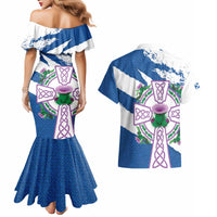 Scotland Celtic Cross Couples Matching Mermaid Dress and Hawaiian Shirt Thistle Flowers - Wonder Print Shop