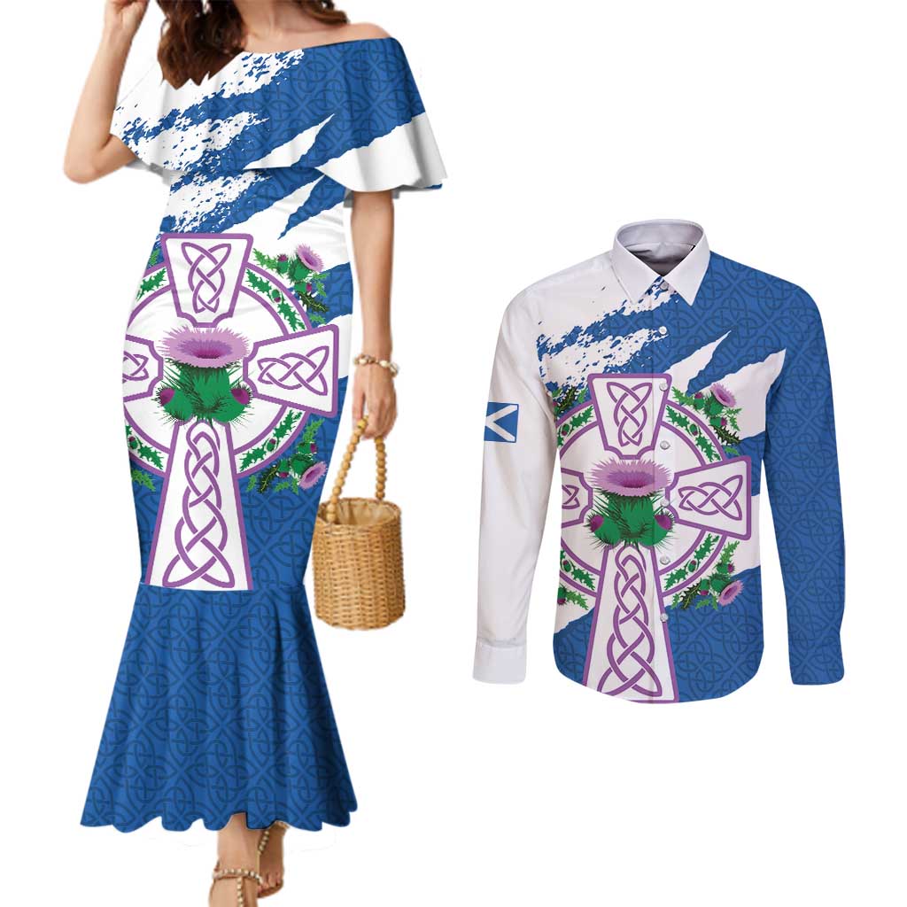 Scotland Celtic Cross Couples Matching Mermaid Dress and Long Sleeve Button Shirt Thistle Flowers - Wonder Print Shop