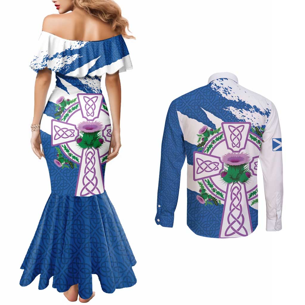Scotland Celtic Cross Couples Matching Mermaid Dress and Long Sleeve Button Shirt Thistle Flowers - Wonder Print Shop