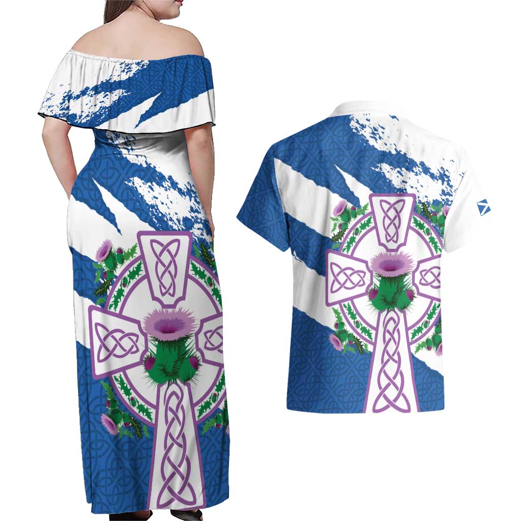 Scotland Celtic Cross Couples Matching Off Shoulder Maxi Dress and Hawaiian Shirt Thistle Flowers - Wonder Print Shop