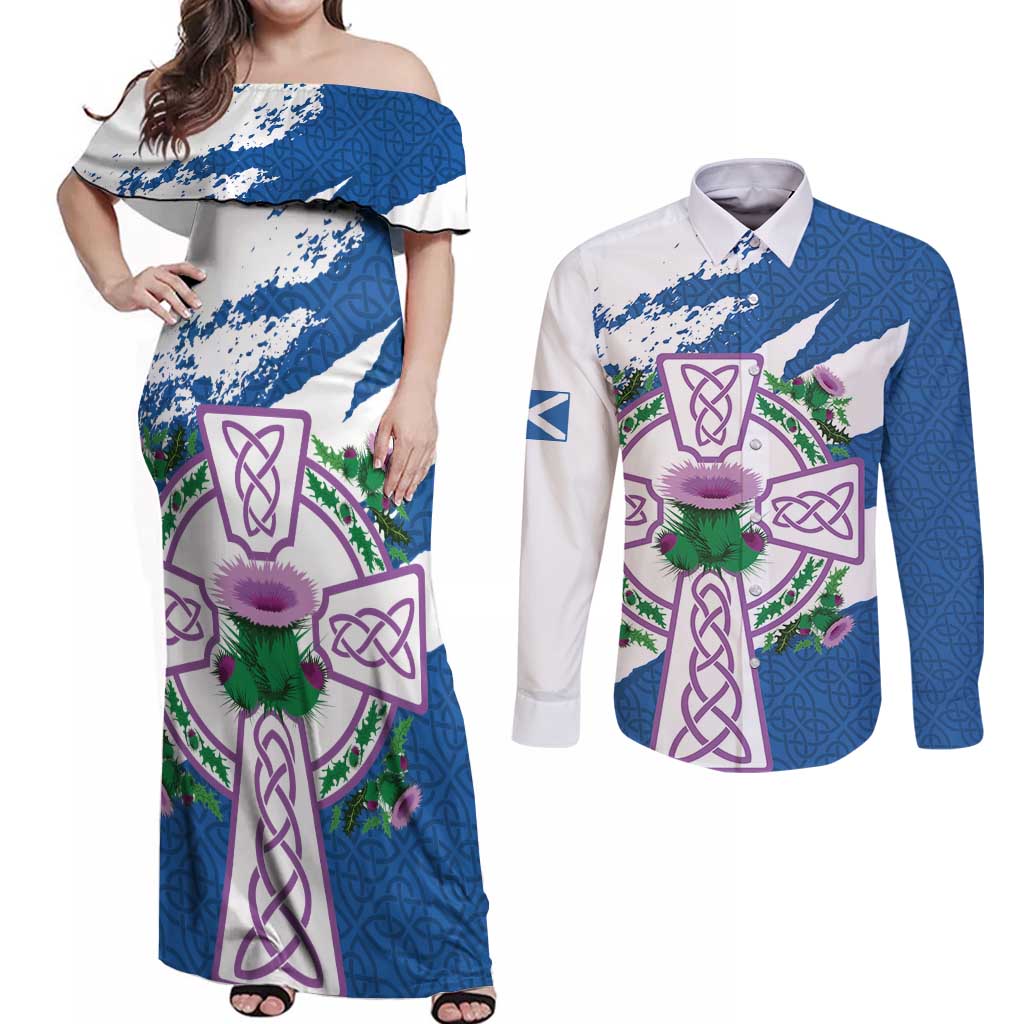 Scotland Celtic Cross Couples Matching Off Shoulder Maxi Dress and Long Sleeve Button Shirt Thistle Flowers - Wonder Print Shop