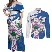 Scotland Celtic Cross Couples Matching Off Shoulder Maxi Dress and Long Sleeve Button Shirt Thistle Flowers - Wonder Print Shop