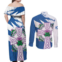 Scotland Celtic Cross Couples Matching Off Shoulder Maxi Dress and Long Sleeve Button Shirt Thistle Flowers - Wonder Print Shop