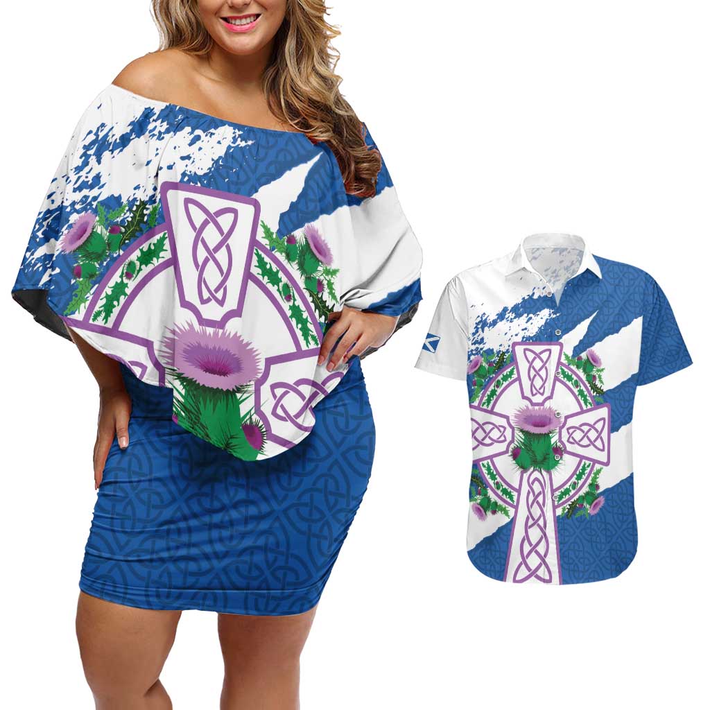 Scotland Celtic Cross Couples Matching Off Shoulder Short Dress and Hawaiian Shirt Thistle Flowers - Wonder Print Shop