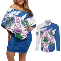 Scotland Celtic Cross Couples Matching Off Shoulder Short Dress and Long Sleeve Button Shirt Thistle Flowers - Wonder Print Shop