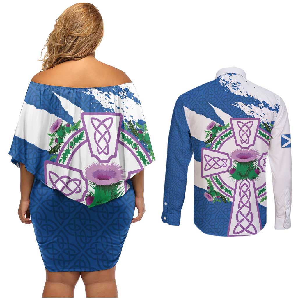 Scotland Celtic Cross Couples Matching Off Shoulder Short Dress and Long Sleeve Button Shirt Thistle Flowers - Wonder Print Shop