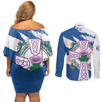 Scotland Celtic Cross Couples Matching Off Shoulder Short Dress and Long Sleeve Button Shirt Thistle Flowers - Wonder Print Shop