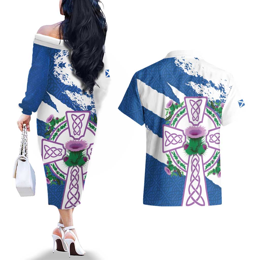 Scotland Celtic Cross Couples Matching Off The Shoulder Long Sleeve Dress and Hawaiian Shirt Thistle Flowers - Wonder Print Shop