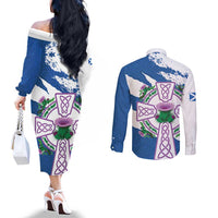 Scotland Celtic Cross Couples Matching Off The Shoulder Long Sleeve Dress and Long Sleeve Button Shirt Thistle Flowers - Wonder Print Shop
