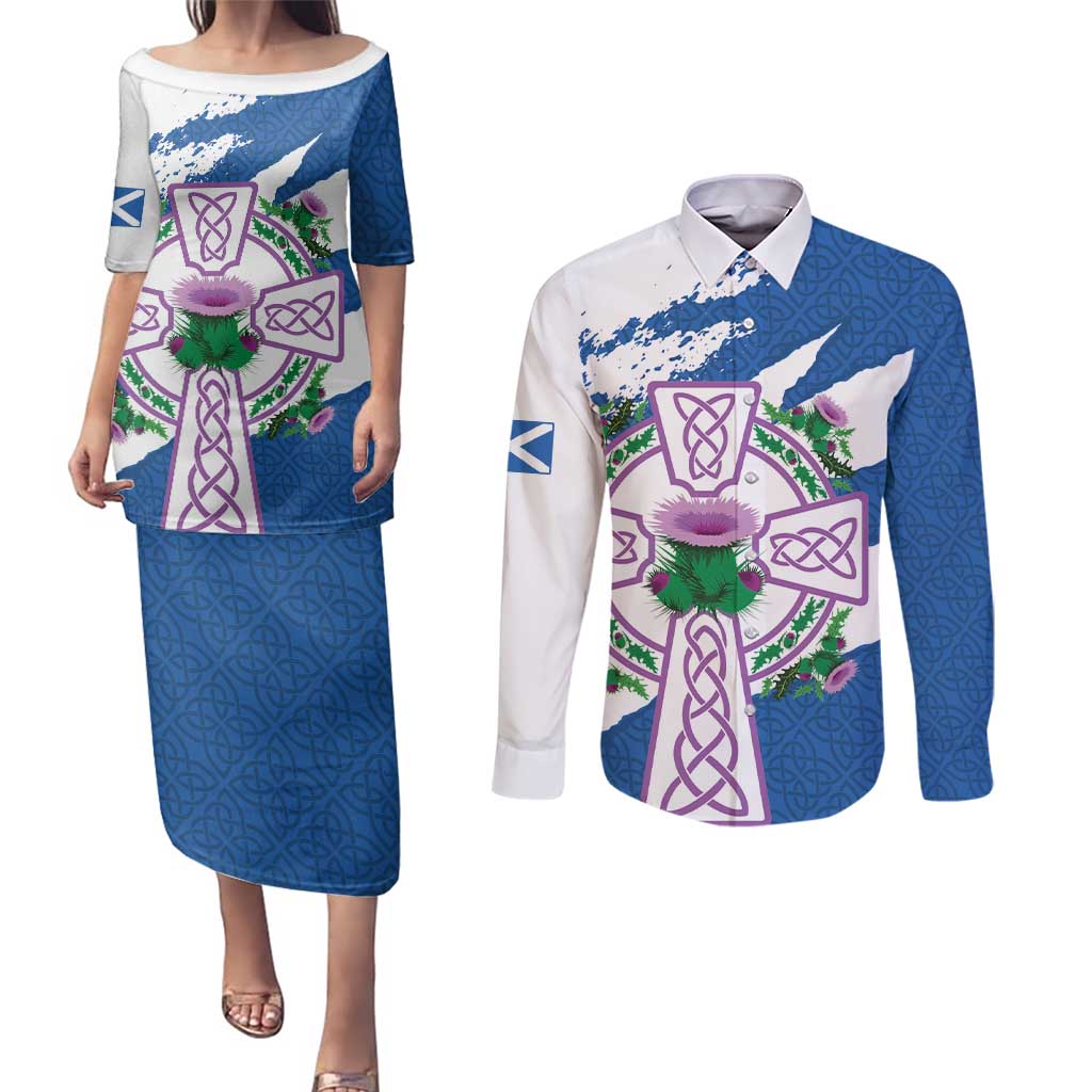 Scotland Celtic Cross Couples Matching Puletasi and Long Sleeve Button Shirt Thistle Flowers - Wonder Print Shop
