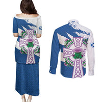 Scotland Celtic Cross Couples Matching Puletasi and Long Sleeve Button Shirt Thistle Flowers - Wonder Print Shop