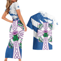 Scotland Celtic Cross Couples Matching Short Sleeve Bodycon Dress and Hawaiian Shirt Thistle Flowers - Wonder Print Shop