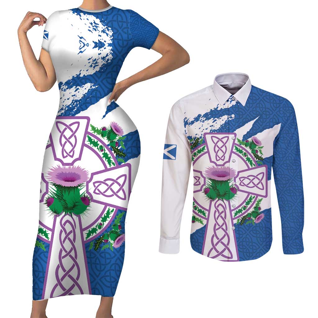 Scotland Celtic Cross Couples Matching Short Sleeve Bodycon Dress and Long Sleeve Button Shirt Thistle Flowers - Wonder Print Shop