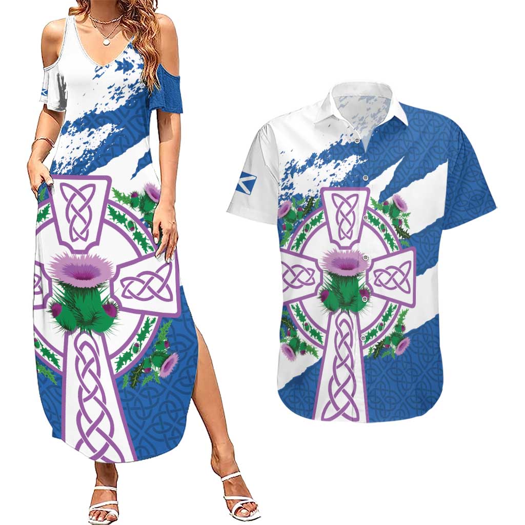 Scotland Celtic Cross Couples Matching Summer Maxi Dress and Hawaiian Shirt Thistle Flowers - Wonder Print Shop