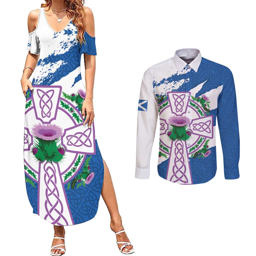 Scotland Celtic Cross Couples Matching Summer Maxi Dress and Long Sleeve Button Shirt Thistle Flowers - Wonder Print Shop