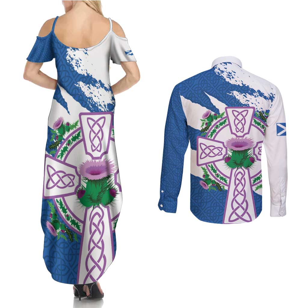 Scotland Celtic Cross Couples Matching Summer Maxi Dress and Long Sleeve Button Shirt Thistle Flowers - Wonder Print Shop