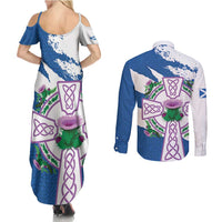 Scotland Celtic Cross Couples Matching Summer Maxi Dress and Long Sleeve Button Shirt Thistle Flowers - Wonder Print Shop