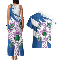 Scotland Celtic Cross Couples Matching Tank Maxi Dress and Hawaiian Shirt Thistle Flowers - Wonder Print Shop