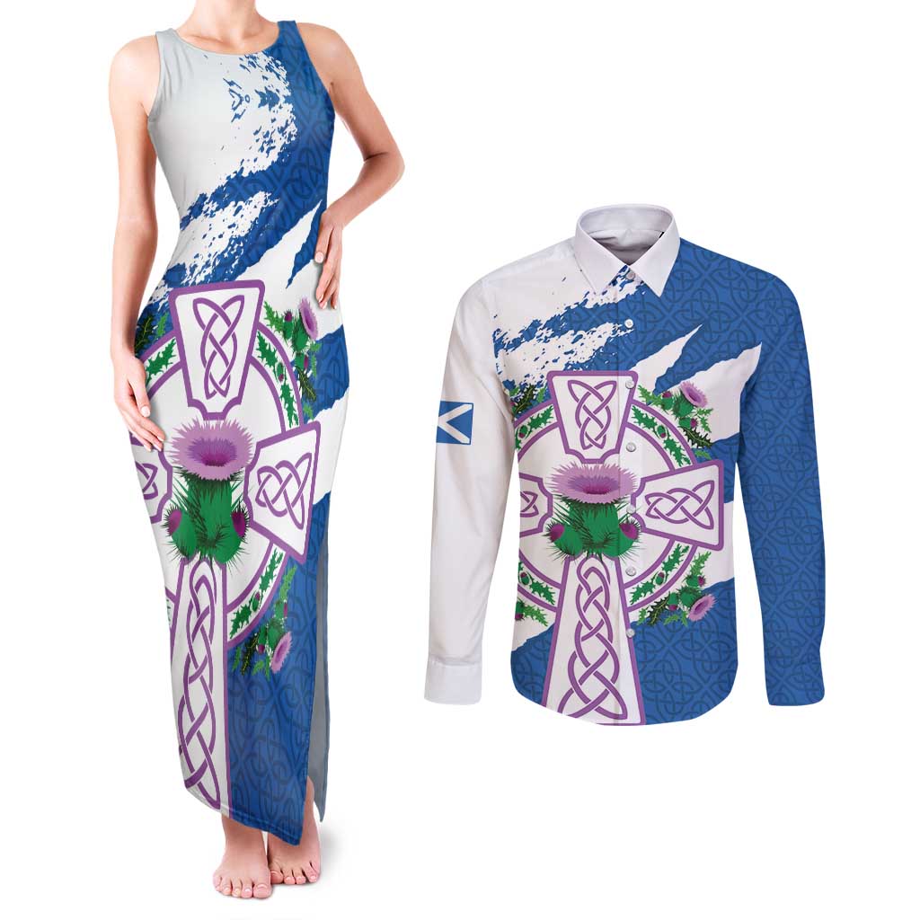 Scotland Celtic Cross Couples Matching Tank Maxi Dress and Long Sleeve Button Shirt Thistle Flowers - Wonder Print Shop