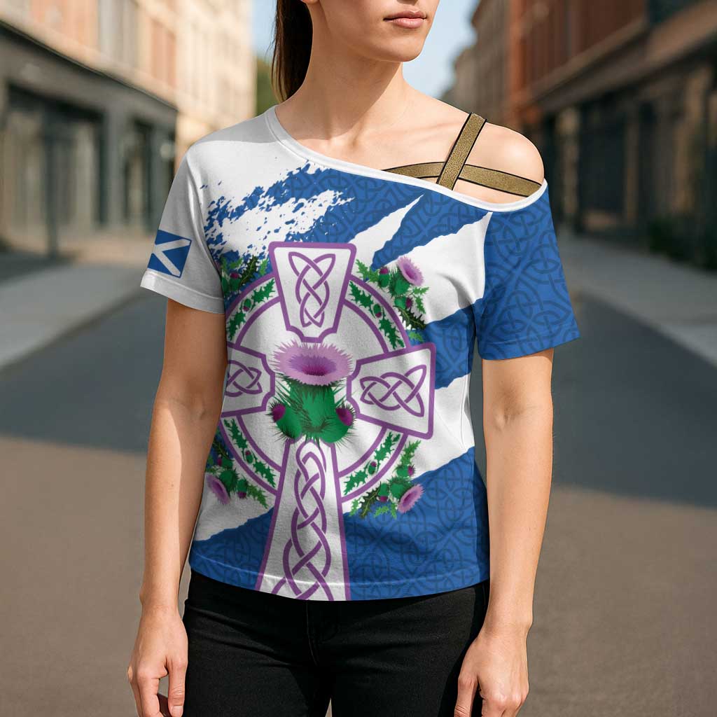 Scotland Celtic Cross Cross Shoulder Shirt Thistle Flowers - Wonder Print Shop