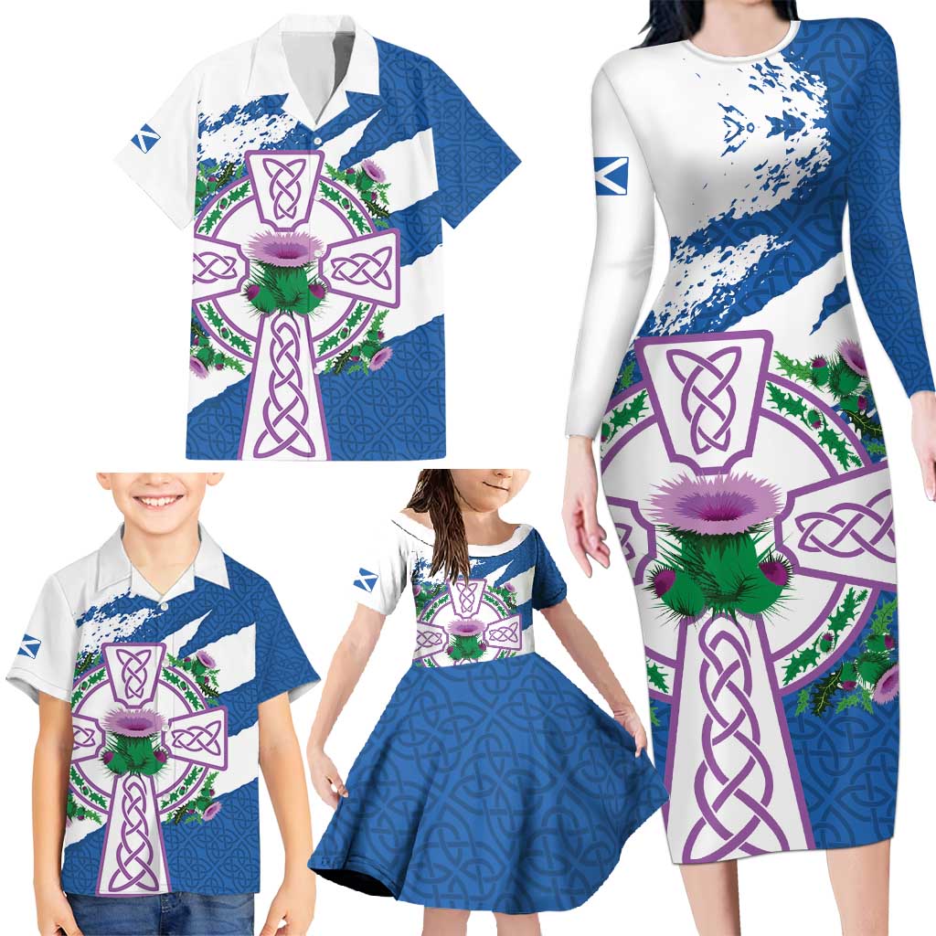 Scotland Celtic Cross Family Matching Long Sleeve Bodycon Dress and Hawaiian Shirt Thistle Flowers - Wonder Print Shop