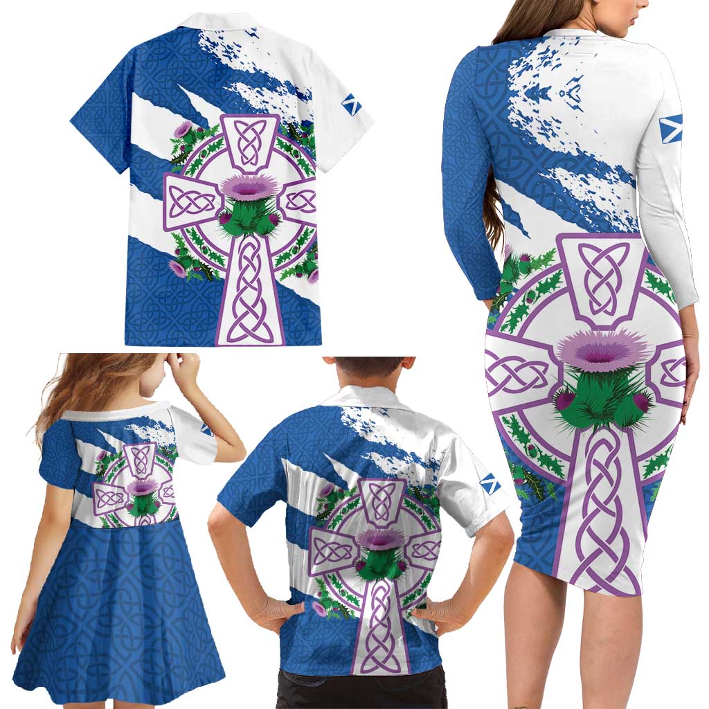 Scotland Celtic Cross Family Matching Long Sleeve Bodycon Dress and Hawaiian Shirt Thistle Flowers - Wonder Print Shop
