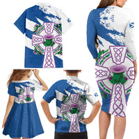Scotland Celtic Cross Family Matching Long Sleeve Bodycon Dress and Hawaiian Shirt Thistle Flowers - Wonder Print Shop