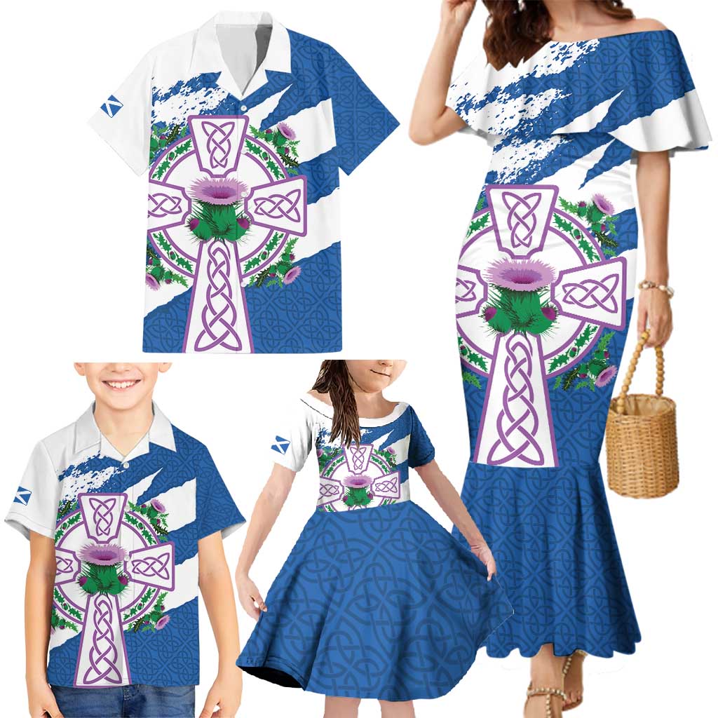 Scotland Celtic Cross Family Matching Mermaid Dress and Hawaiian Shirt Thistle Flowers - Wonder Print Shop