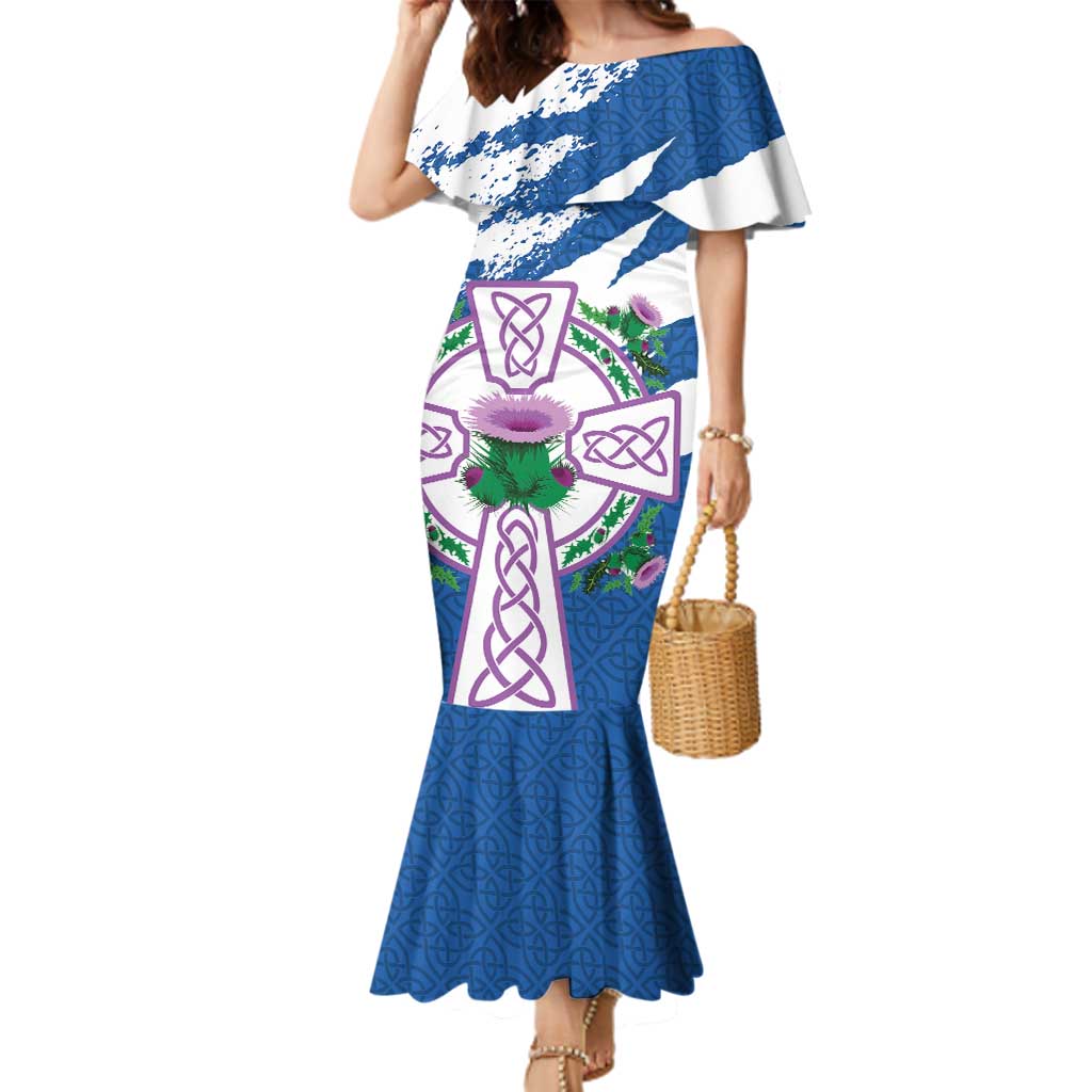 Scotland Celtic Cross Family Matching Mermaid Dress and Hawaiian Shirt Thistle Flowers - Wonder Print Shop