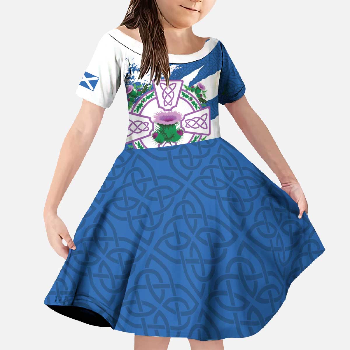 Scotland Celtic Cross Family Matching Off The Shoulder Long Sleeve Dress and Hawaiian Shirt Thistle Flowers - Wonder Print Shop