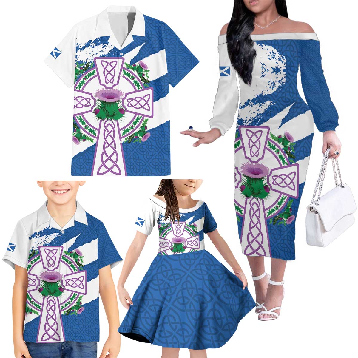 Scotland Celtic Cross Family Matching Off The Shoulder Long Sleeve Dress and Hawaiian Shirt Thistle Flowers - Wonder Print Shop
