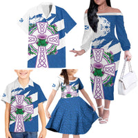 Scotland Celtic Cross Family Matching Off The Shoulder Long Sleeve Dress and Hawaiian Shirt Thistle Flowers - Wonder Print Shop