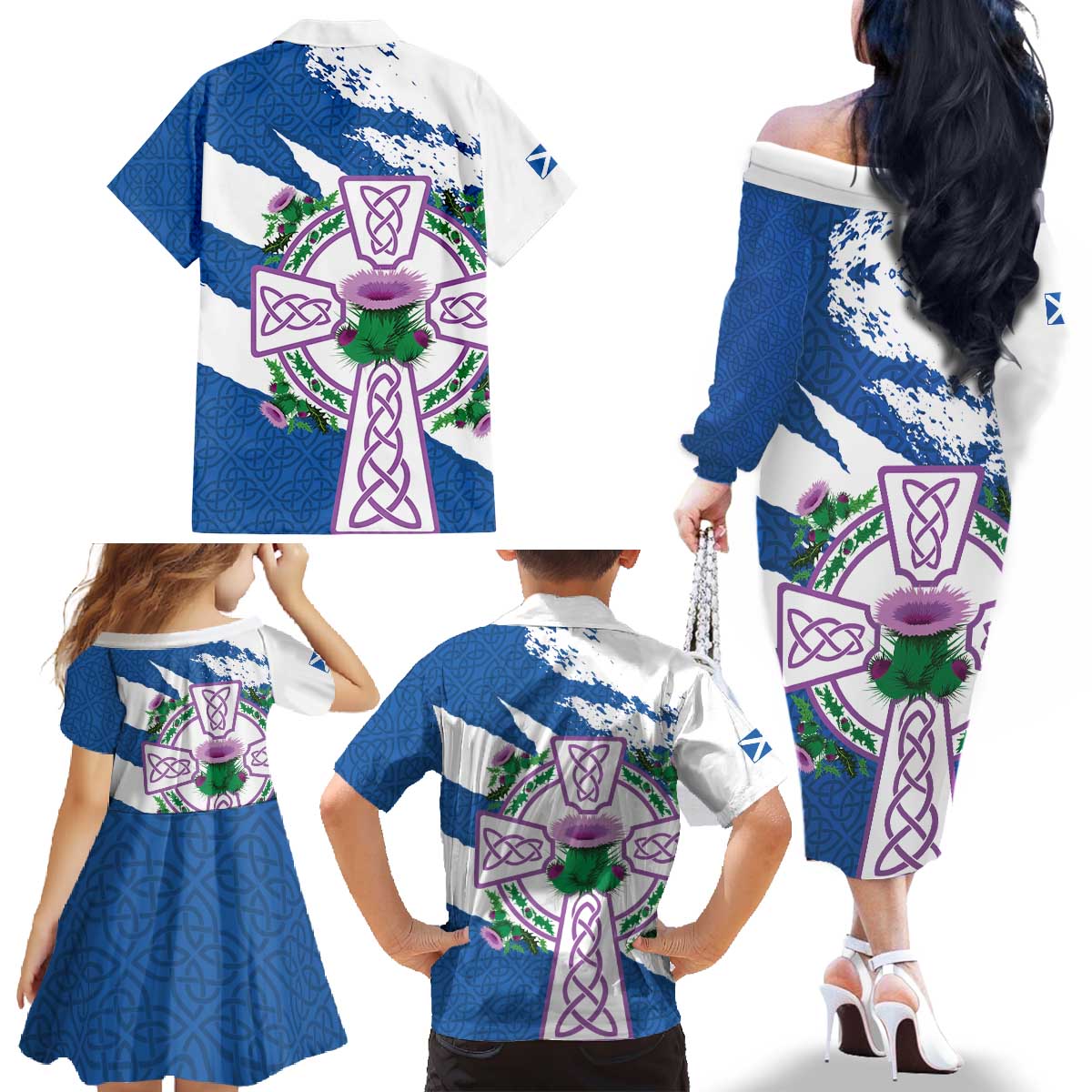 Scotland Celtic Cross Family Matching Off The Shoulder Long Sleeve Dress and Hawaiian Shirt Thistle Flowers - Wonder Print Shop