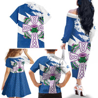 Scotland Celtic Cross Family Matching Off The Shoulder Long Sleeve Dress and Hawaiian Shirt Thistle Flowers - Wonder Print Shop