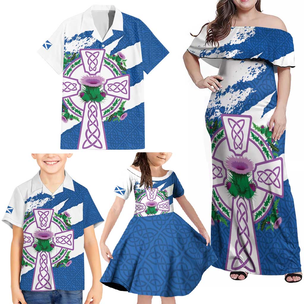 Scotland Celtic Cross Family Matching Off Shoulder Maxi Dress and Hawaiian Shirt Thistle Flowers - Wonder Print Shop