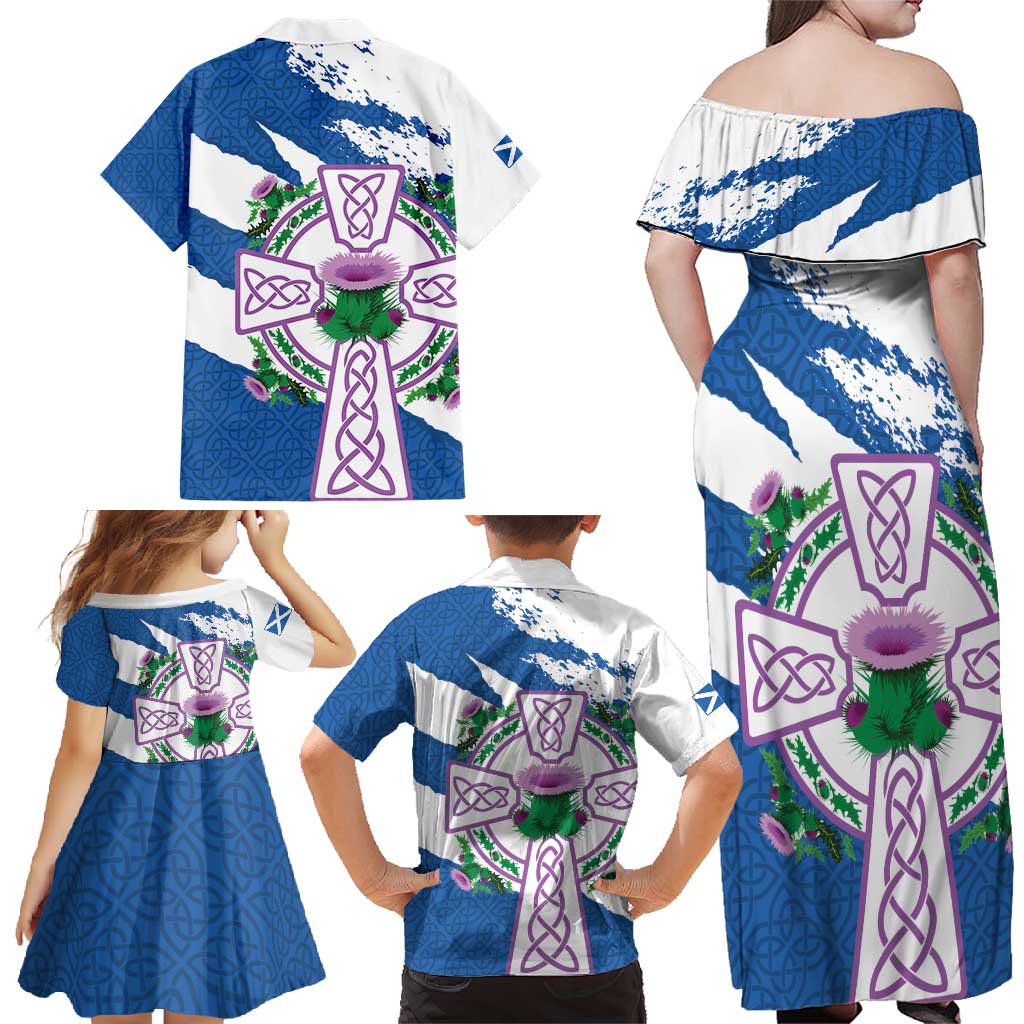 Scotland Celtic Cross Family Matching Off Shoulder Maxi Dress and Hawaiian Shirt Thistle Flowers - Wonder Print Shop