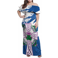 Scotland Celtic Cross Family Matching Off Shoulder Maxi Dress and Hawaiian Shirt Thistle Flowers - Wonder Print Shop