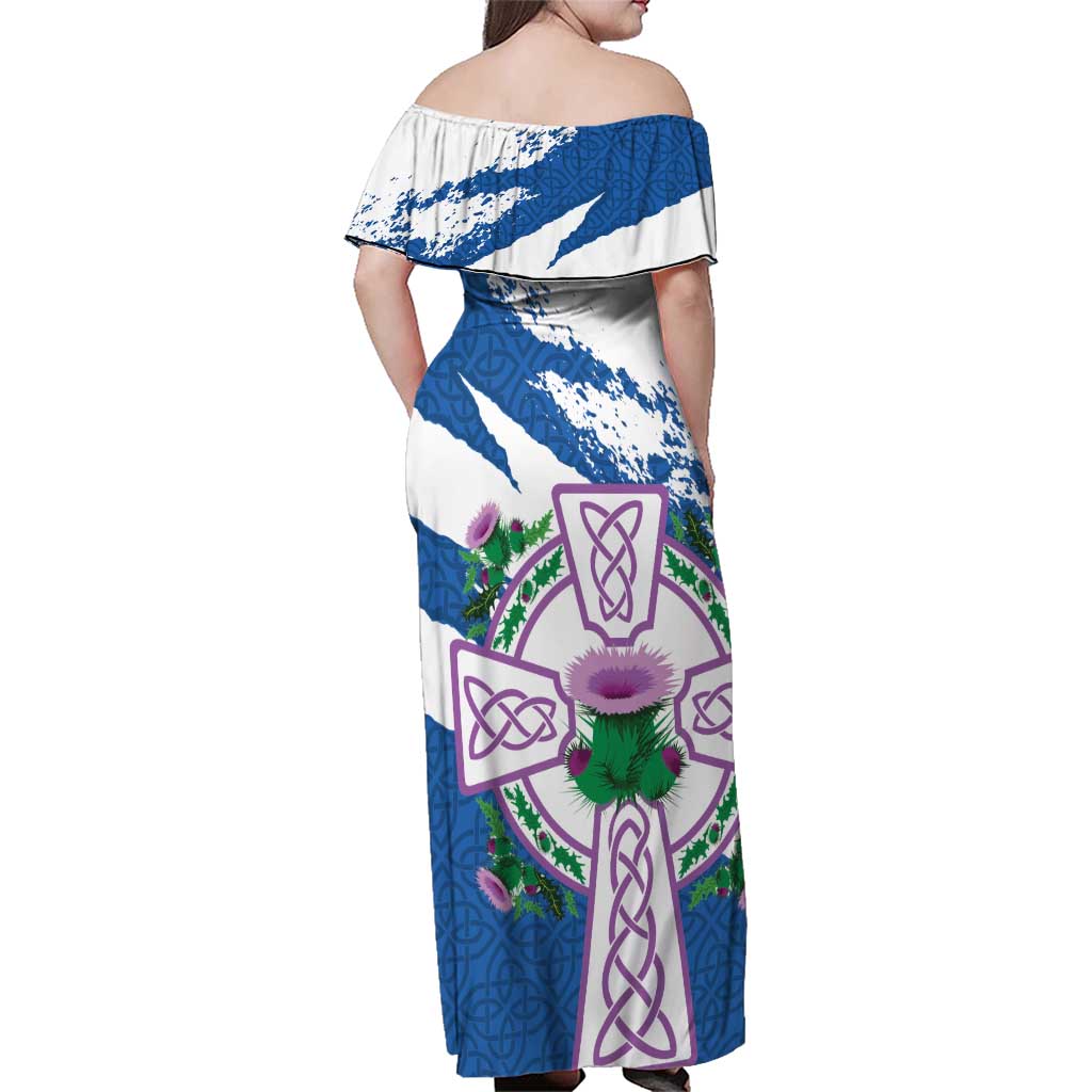 Scotland Celtic Cross Family Matching Off Shoulder Maxi Dress and Hawaiian Shirt Thistle Flowers - Wonder Print Shop