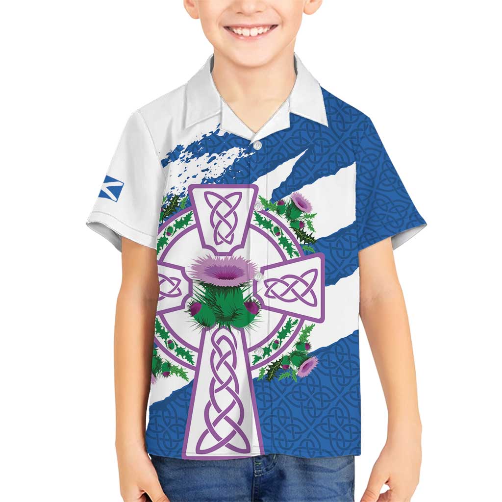 Scotland Celtic Cross Family Matching Off Shoulder Maxi Dress and Hawaiian Shirt Thistle Flowers - Wonder Print Shop