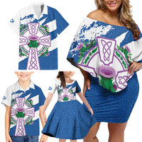 Scotland Celtic Cross Family Matching Off Shoulder Short Dress and Hawaiian Shirt Thistle Flowers - Wonder Print Shop