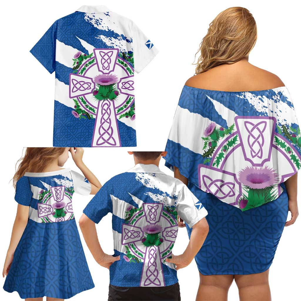 Scotland Celtic Cross Family Matching Off Shoulder Short Dress and Hawaiian Shirt Thistle Flowers - Wonder Print Shop