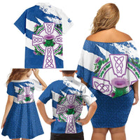 Scotland Celtic Cross Family Matching Off Shoulder Short Dress and Hawaiian Shirt Thistle Flowers - Wonder Print Shop