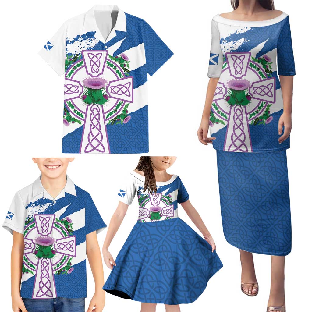Scotland Celtic Cross Family Matching Puletasi and Hawaiian Shirt Thistle Flowers - Wonder Print Shop