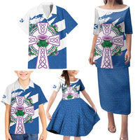 Scotland Celtic Cross Family Matching Puletasi and Hawaiian Shirt Thistle Flowers - Wonder Print Shop