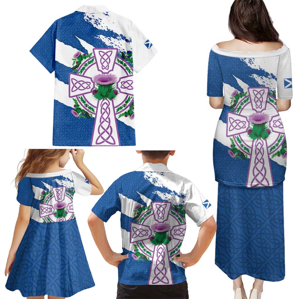 Scotland Celtic Cross Family Matching Puletasi and Hawaiian Shirt Thistle Flowers - Wonder Print Shop